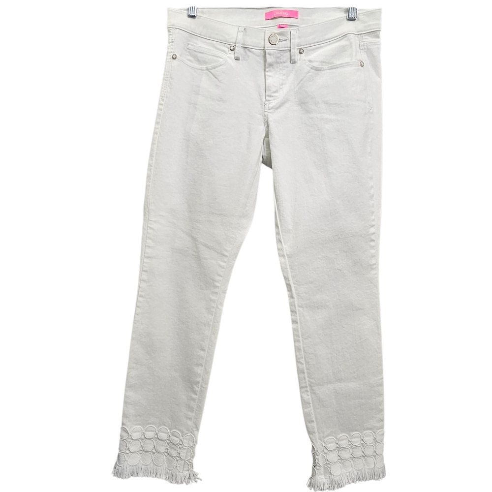 Nwot Lilly Pulitzer Resort White South Ocean Skinny Crop Lace Raw Fringe Jeans